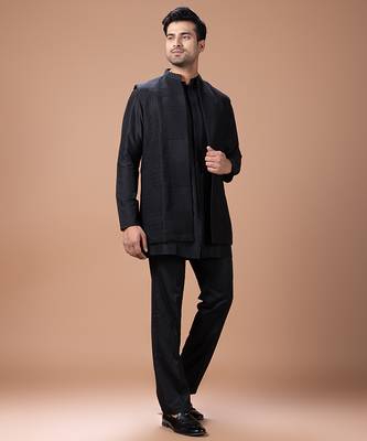 Black cotton silk indo western kurta bundi set 5