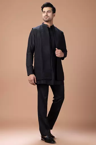 Black cotton silk indo western kurta bundi set
