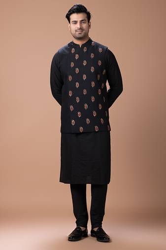 Black embroidered cotton silk kurta bundi set