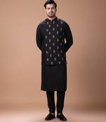 Black embroidered cotton silk kurta bundi set