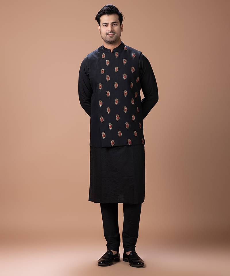 Black embroidered cotton silk kurta bundi set