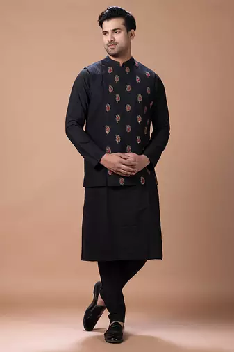 Black embroidered cotton silk kurta bundi set