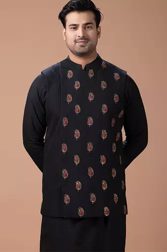 Black embroidered cotton silk kurta bundi set