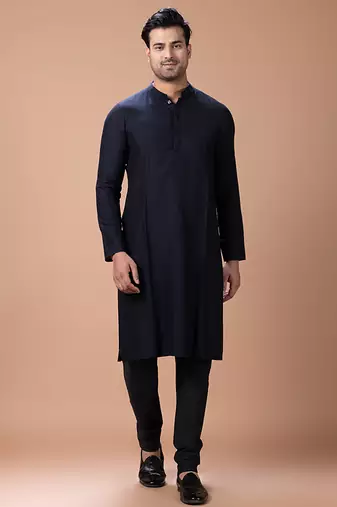 Black embroidered cotton silk kurta bundi set