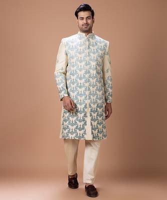 Beige embroidered cotton silk sherwani set 1