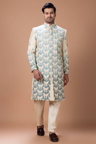 Beige embroidered cotton silk sherwani set