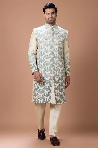 Beige embroidered cotton silk sherwani set