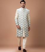 Beige embroidered cotton silk sherwani set