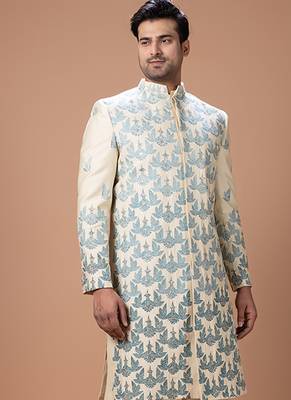 Beige embroidered cotton silk sherwani set 2