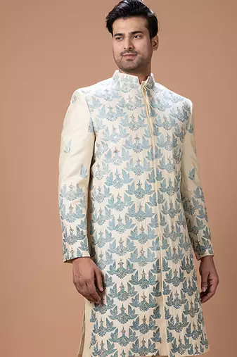 Beige embroidered cotton silk sherwani set