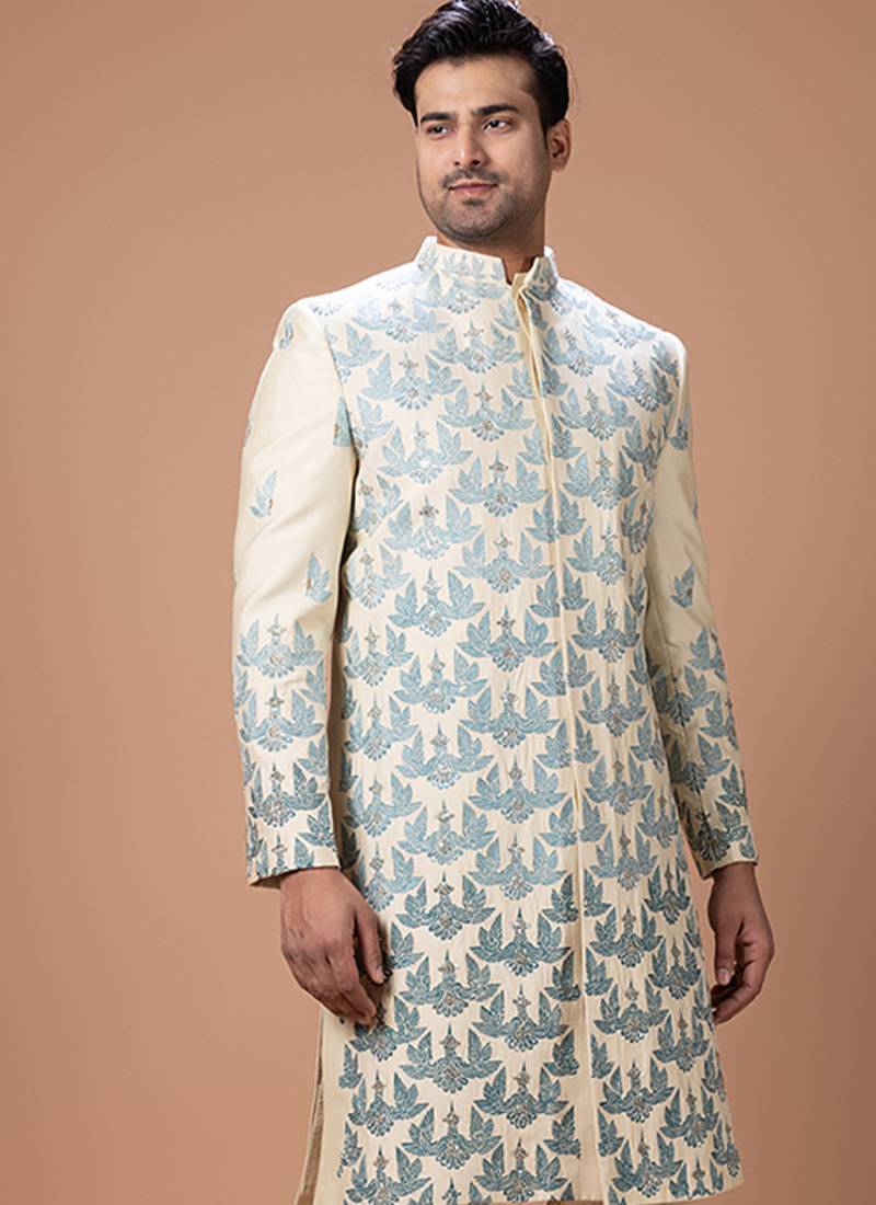 Beige embroidered cotton silk sherwani set