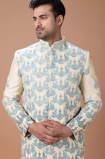 Beige embroidered cotton silk sherwani set