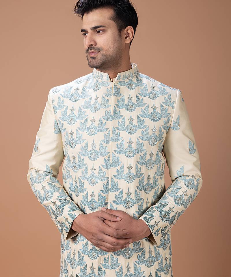 Beige embroidered cotton silk sherwani set