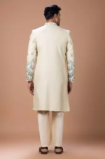 Beige embroidered cotton silk sherwani set