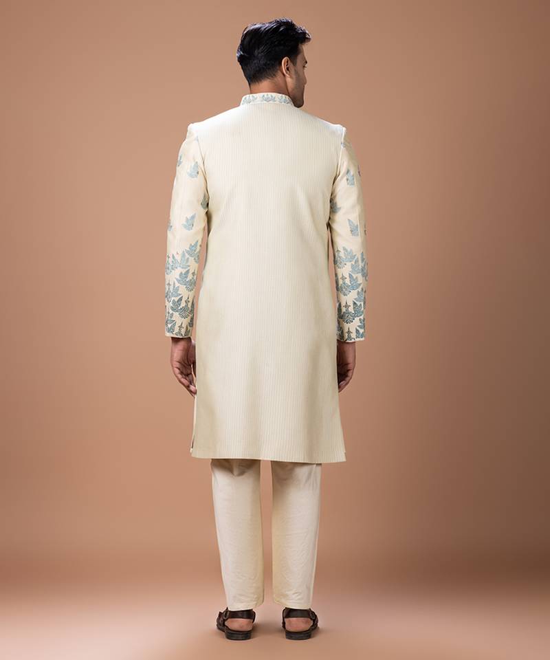 Beige embroidered cotton silk sherwani set