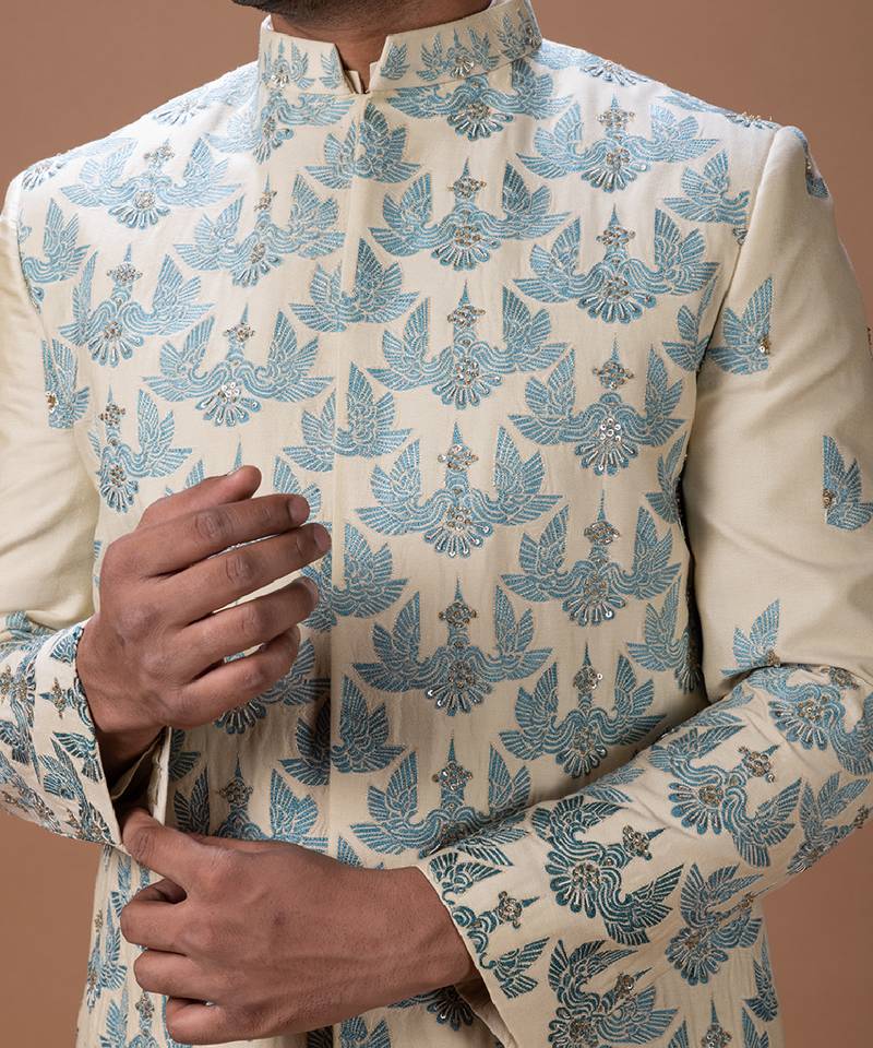 Beige embroidered cotton silk sherwani set
