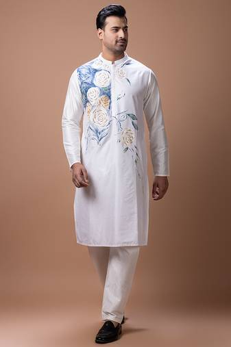 Off white foam painted embroidered cotton silk kurta set
