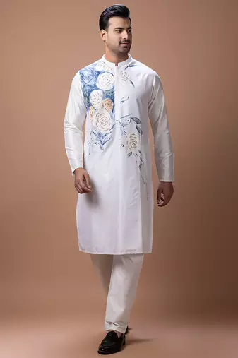 Off white foam painted embroidered cotton silk kurta set
