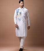 Off white foam painted embroidered cotton silk kurta set