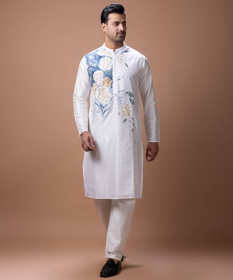 Off white foam painted embroidered cotton silk kurta set