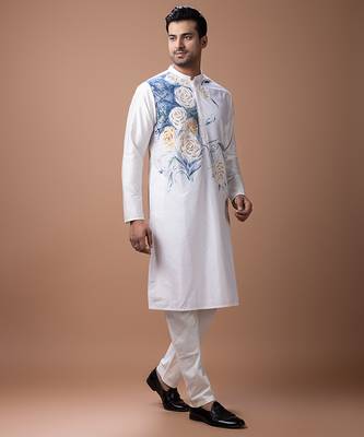 Off white foam painted embroidered cotton silk kurta set 2
