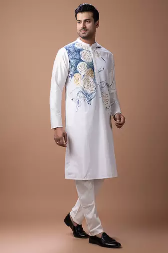 Off white foam painted embroidered cotton silk kurta set