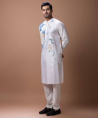 Off white foam painted embroidered cotton silk kurta set 3