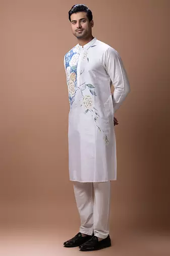 Off white foam painted embroidered cotton silk kurta set