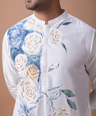 Off white foam painted embroidered cotton silk kurta set 4