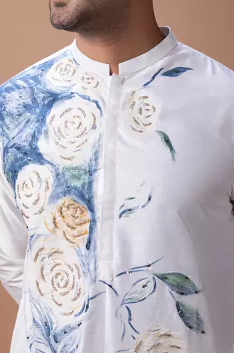 Off white foam painted embroidered cotton silk kurta set