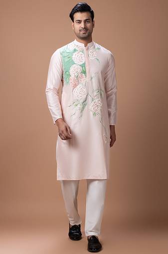 Powder pink foam painted embroidered cotton silk kurta set