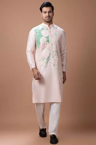 Powder pink foam painted embroidered cotton silk kurta set