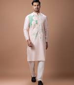 Powder pink foam painted embroidered cotton silk kurta set