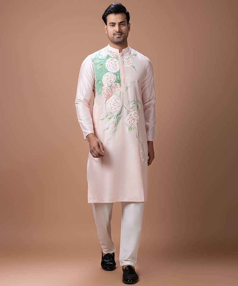 Powder pink foam painted embroidered cotton silk kurta set