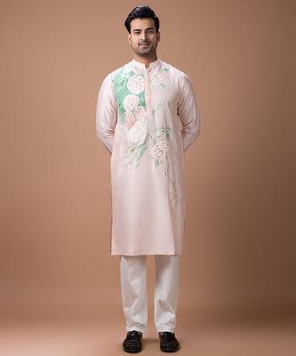 Powder pink foam painted embroidered cotton silk kurta set 2