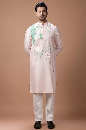 Powder pink foam painted embroidered cotton silk kurta set
