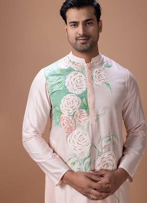 Powder pink foam painted embroidered cotton silk kurta set 3