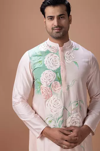 Powder pink foam painted embroidered cotton silk kurta set