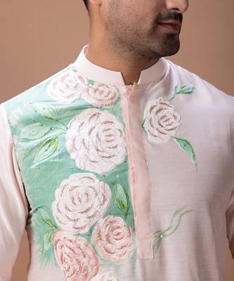 Powder pink foam painted embroidered cotton silk kurta set 4