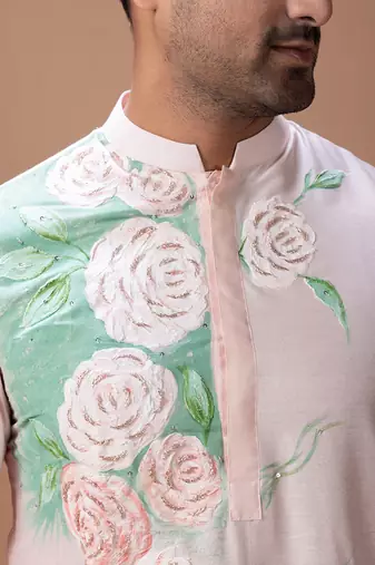 Powder pink foam painted embroidered cotton silk kurta set