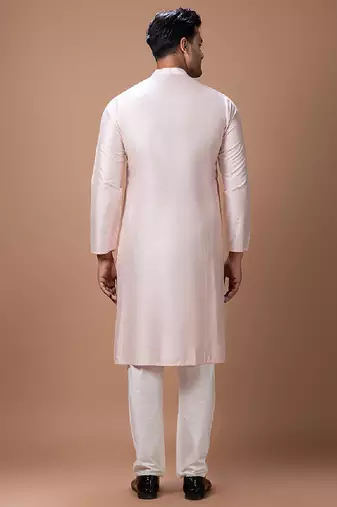 Powder pink foam painted embroidered cotton silk kurta set