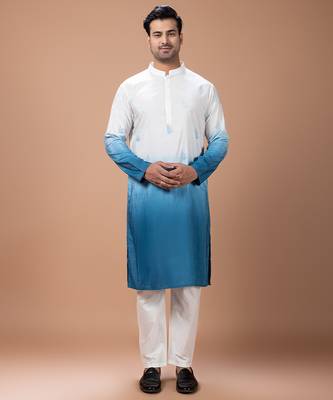 White blue shaded boota embroidered cotton silk kurta set 1
