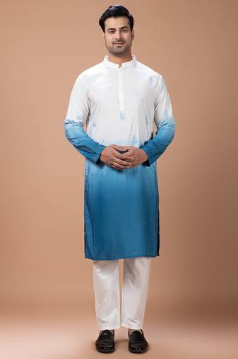 White blue shaded boota embroidered cotton silk kurta set