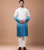 White blue shaded boota embroidered cotton silk kurta set