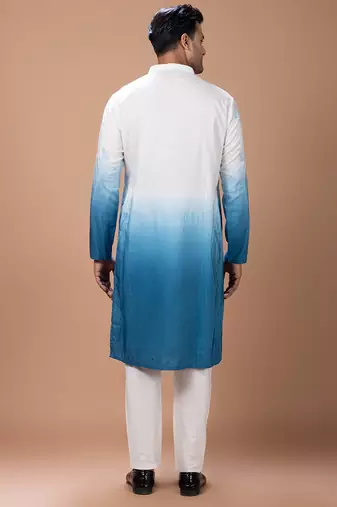 White blue shaded boota embroidered cotton silk kurta set