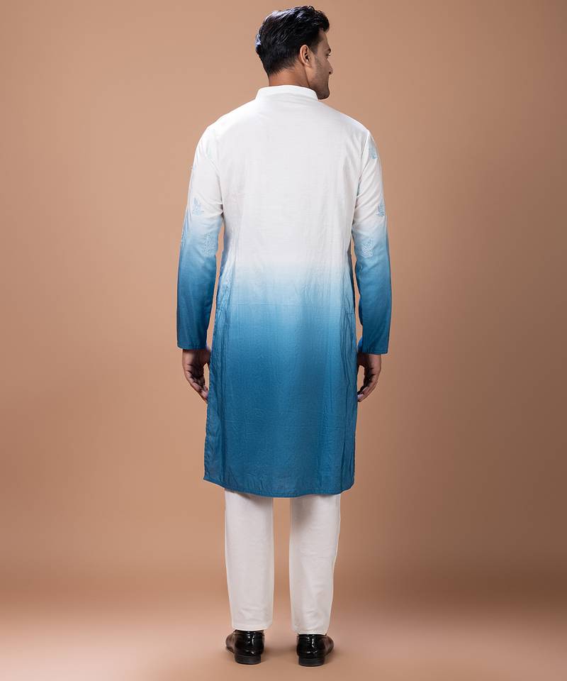 White blue shaded boota embroidered cotton silk kurta set