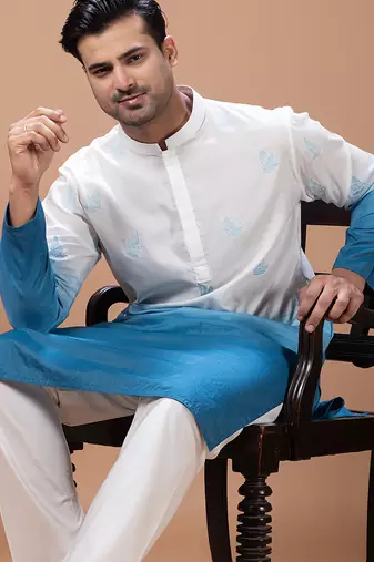 White blue shaded boota embroidered cotton silk kurta set