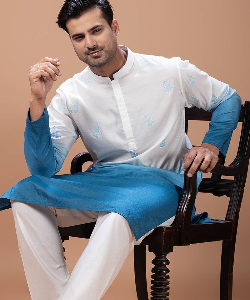 White blue shaded boota embroidered cotton silk kurta set
