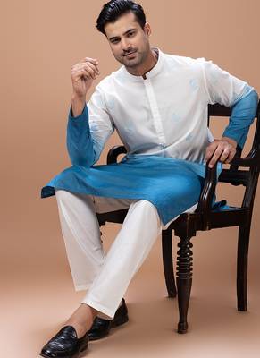 White blue shaded boota embroidered cotton silk kurta set 4