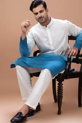 White blue shaded boota embroidered cotton silk kurta set
